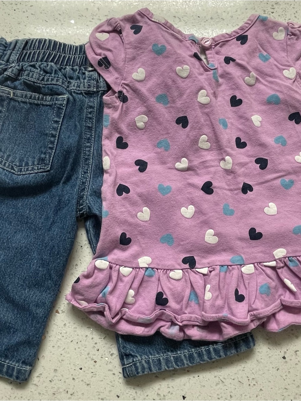 Faded Glory Lavender Heart Ruffle Top with Blue Denim Jeans